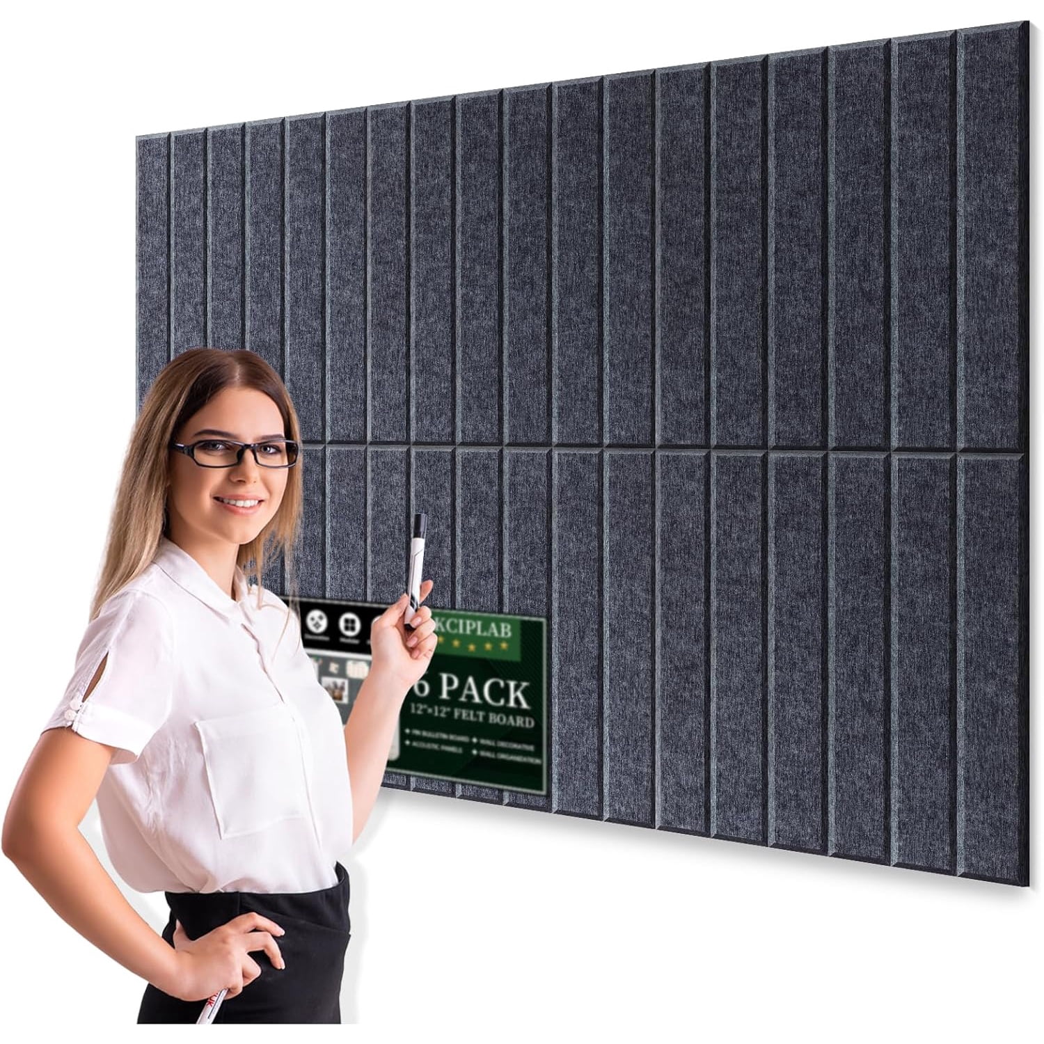 Large Cork Bulletin Board for Wall 36"x24", 6 Pack Felt Slat Wall Panel Tiles with 30 Pushpins, 25 Safe Removable Adhesive Tabs, Decorative Pin Board Tack Board for Office Home School, Deep Gray