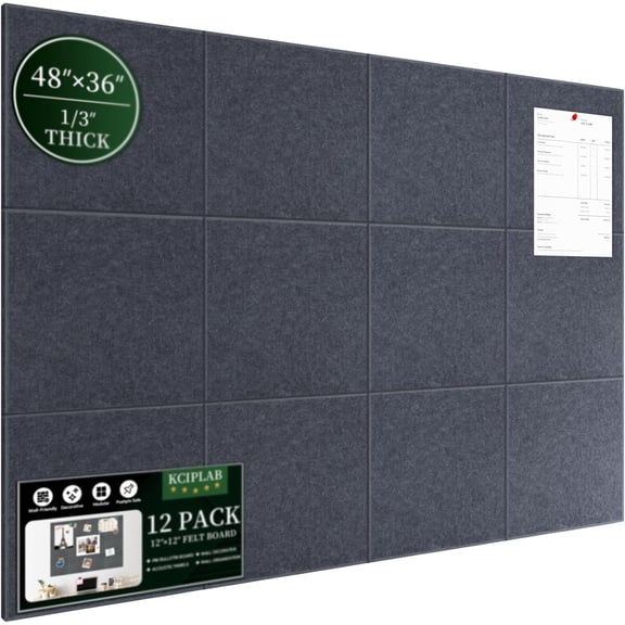Large Cork Bulletin Board for Wall 48"x36", 12 Pack Felt Wall Tiles with 80 Pushpins, 60 Safe Removable Adhesive Tabs, Decorative Pin Board Tack Board for Office Home School, Dark Gray