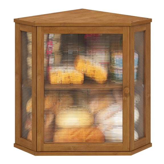 Large Corner Bamboo Bread Box for Kitchen Countertop, Space-Saving Bread Storage Bin with Unique Wavy Acrylic Window, Modern Wooden Bread Keeper for Small Kitchen Organization