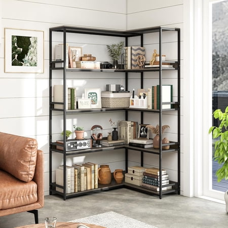 Large Corner Bookshelf 90 Degrees 5-Tier Industrial Wood Open Storage Rack for Small Spaces Heavy-Duty Metal Frame L-Shaped Display Shelf for Living Room Office Oak