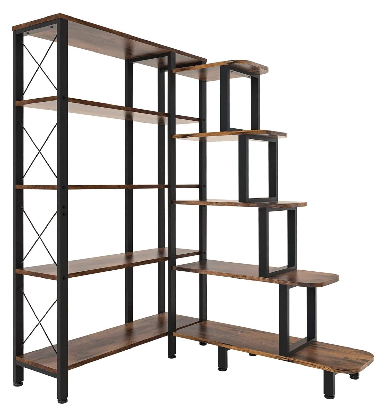 Large Corner Bookshelf Bookcase, Industrial Reversible 5 Tier Ladder