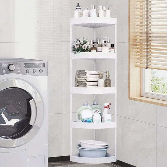 Large Corner Floor Type Bathroom Storage Shelf with Detachable Rollers, Hollow Drainage Design, Durable Plastic and Stainless Steel Construction, Ideal for Toiletries, Towels, and Kitchen Storage