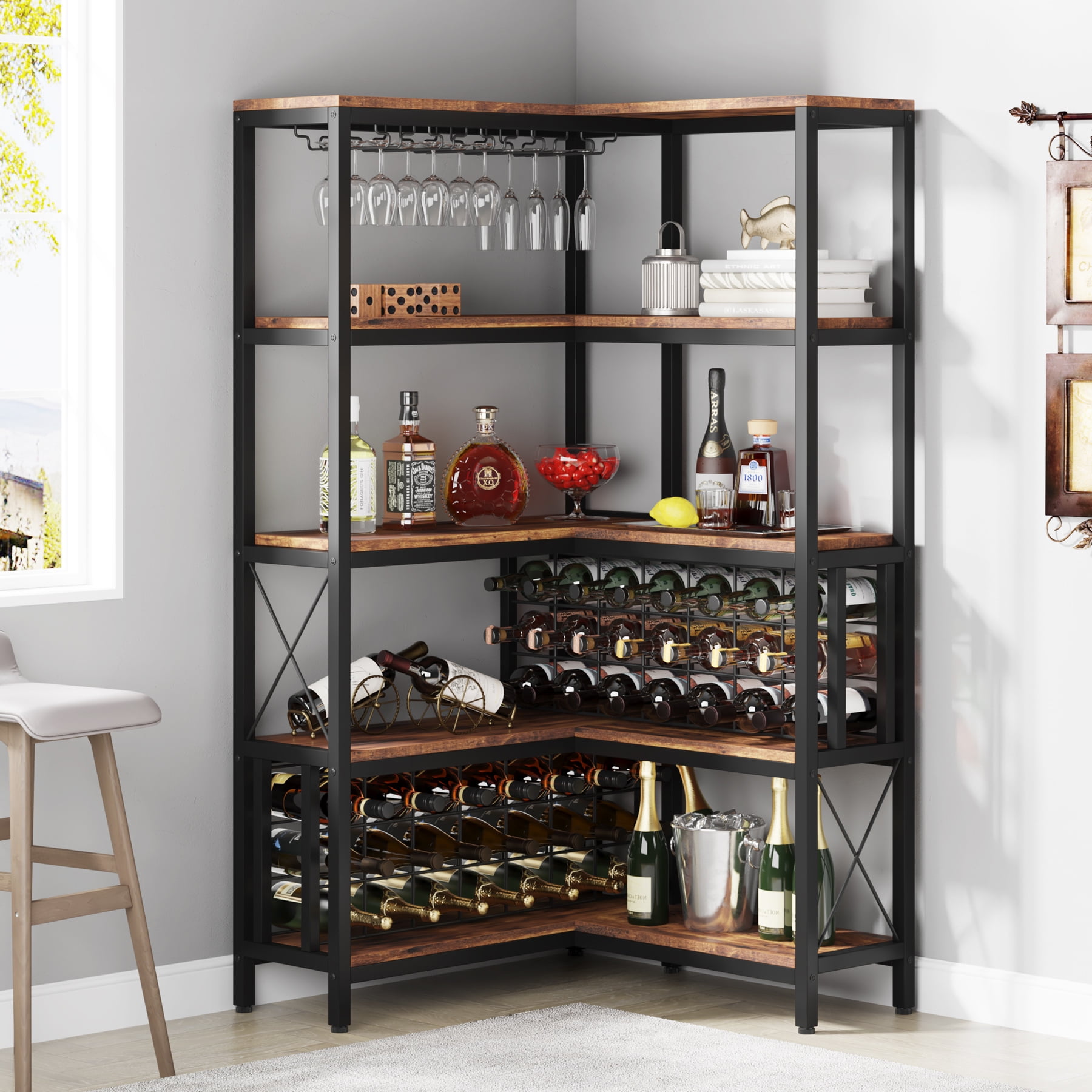 5 Tier L Shaped Large Corner Wine Rack Freestanding Cabinets for Liquor Glasses Walmart