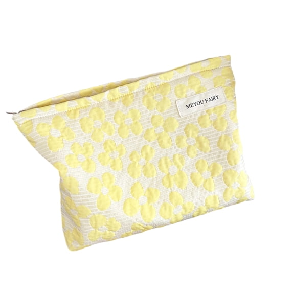 Large Cosmetic Bag for Women, Yellow Floral Makeup Pouch with Zipper, High Capacity Travel Toiletry Organizer for Skincare & Stationery, Portable Pencil Case for School Office Dorm, Durable Polyester