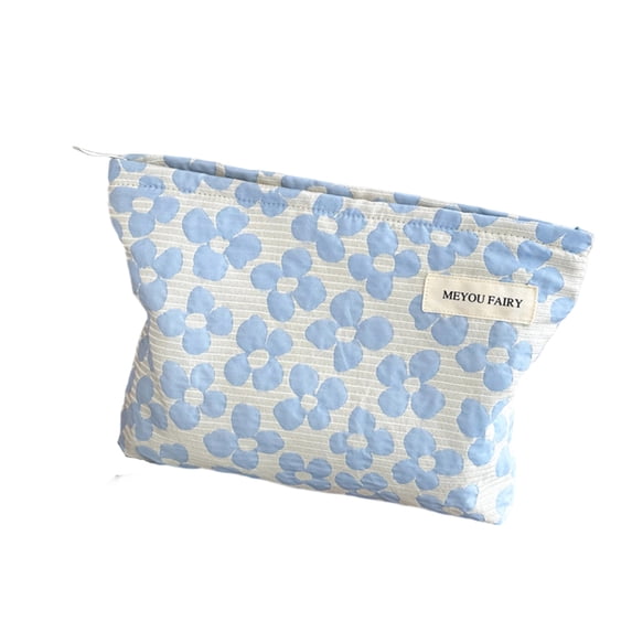 Large Cosmetic Bag for Women, Cute Floral Makeup Pouch with Zipper, Water Resistant Polyester Travel Toiletry Organizer for Skincare Stationery, Blue