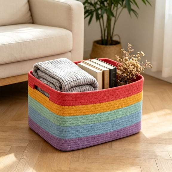 Large Cotton Rope Basket, Rectangle Woven Storage Basket, Closet Organizer Bin, for Organizing Blankets, Clothes, Towels, Pillows