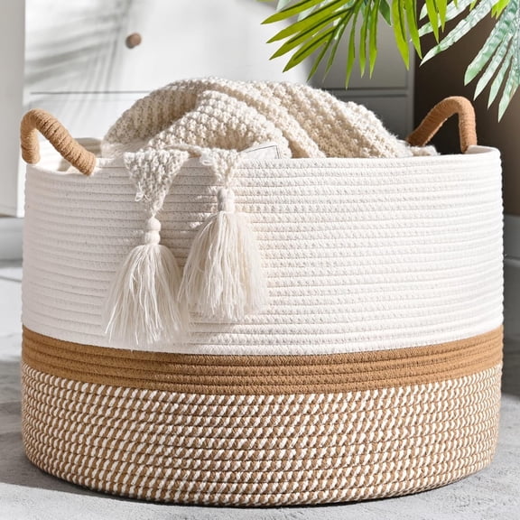 Large Cotton Rope Baskets for Storage, Blanket Woven Basket Laundry Hamper with Handles, Clothes Basket Toy Storage Organizer for Living Room, Nursery, Bedroom(White/Brown)