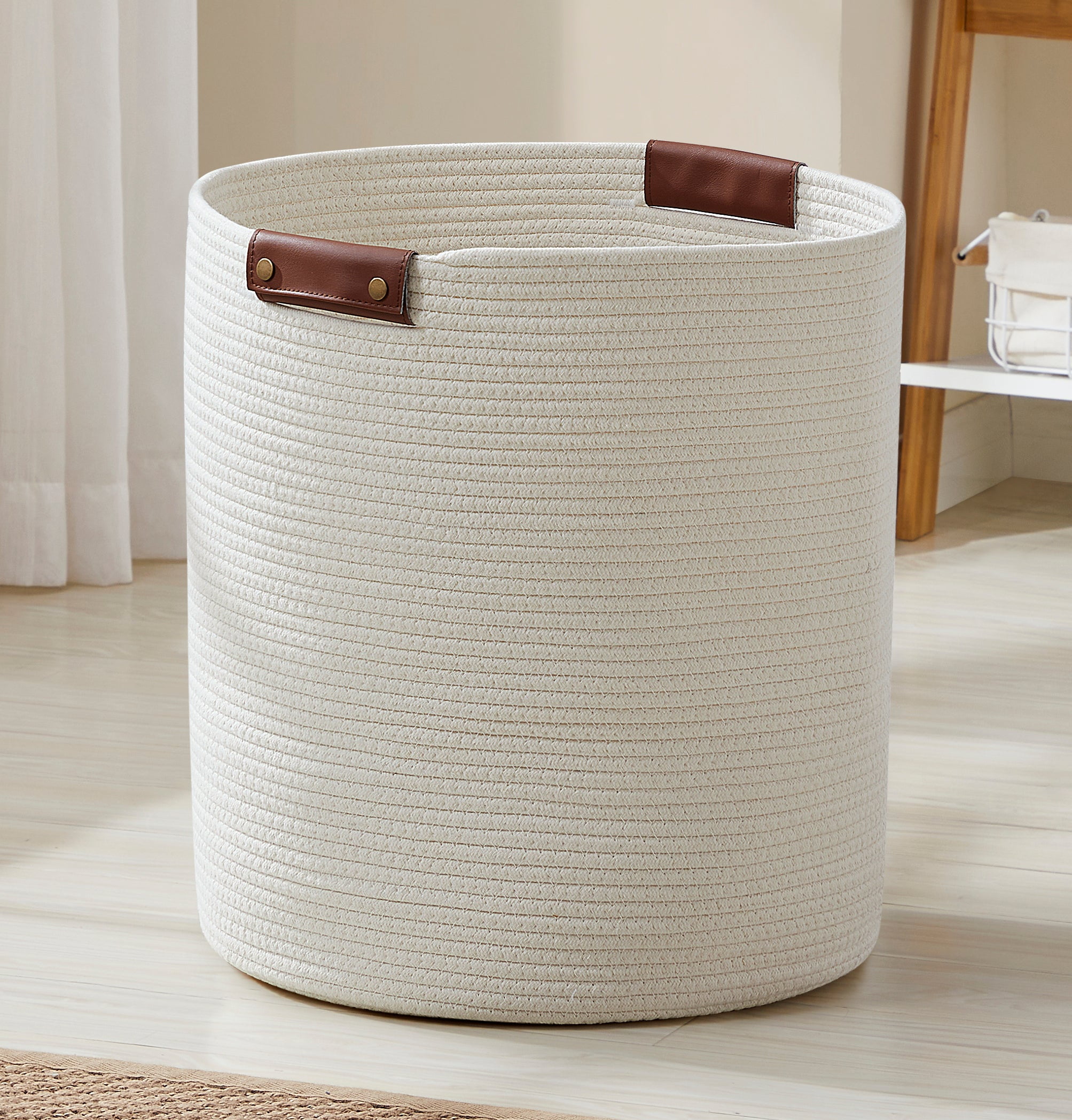 Cream Cotton Rope Laundry Hamper with Leather Handles
