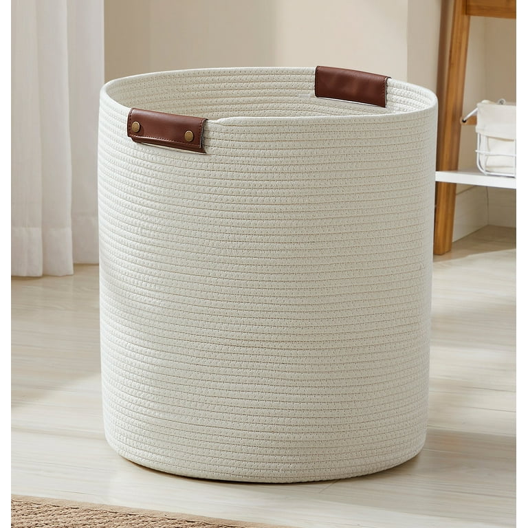 Large Cotton Rope Laundry Hamper Woven Basket with Leather Handles Storage Basket for Toys Blanket Throws Pillows and Towels 16 x 18 Cream Walmart