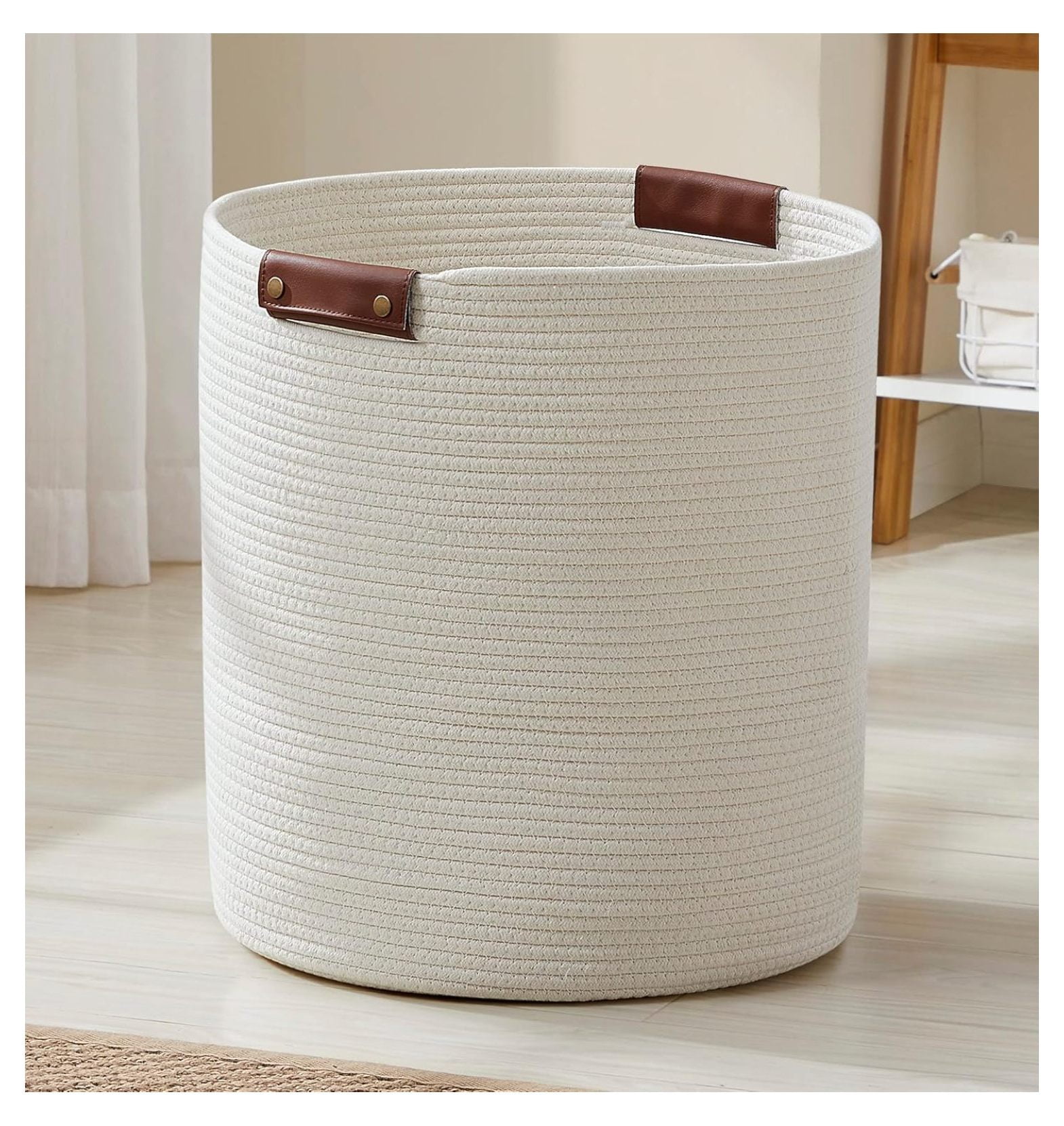 Cream Cotton Rope Laundry Hamper with Leather Handles