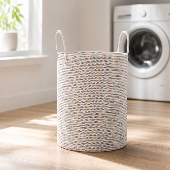 Large Cotton Rope Laundry Hamper, Woven Storage Bin with Handles for Bedroom Bathroom, Tall Clothes Organizer Basket for Blankets Toys Towels