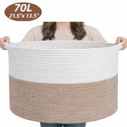 Large Cotton Rope Storage Basket, 21.5 x 13.5 70L Round Woven Baskets for Storage, Oversized Organizer with Handles Laundry Basket for Toys, Towels, Books