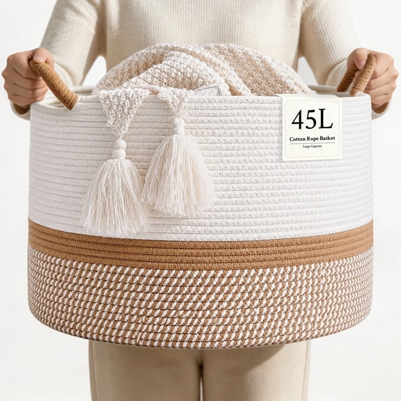 Domaci Large Cotton Rope Basket, Woven Storage Basket with Handles for Blankets, Toys, Nursery & Living Room Decor with Handles, 16" x 14" x 16"