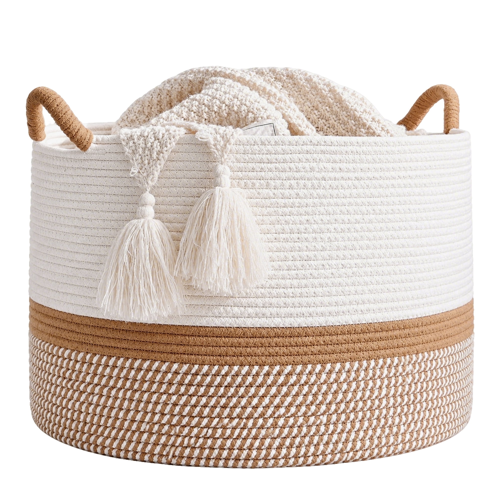 Domaci Large Cotton Rope Basket, Woven Laundry Hamper with Handles for Organizing Blankets, Clothes, Towels and Pillows, 16" x 14"