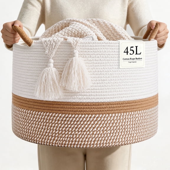 Domaci Large Cotton Rope Basket with Handles, Woven Storage Basket for Blankets, Toys & Clothes, Decorative Organizer for Living Room, Bedroom & Nursery, 16"W x 14"H
