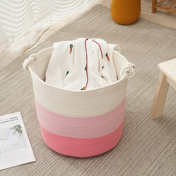 Large Cotton Rope Woven Storage Basket | Laundry Hamper with Handles | Fabric Organizer Bin for Clothes & Toys | Pink Kids Room Decor | 12x12 Inch Foldable Collapsible Design