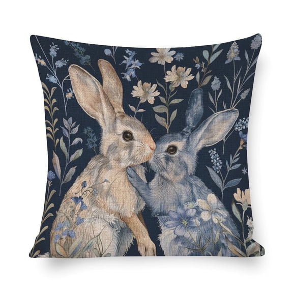 Large Couch Pillows Mother, Baby Rabbit Spring Floral Navy Blue Unique Pillow Protector 18"x18" Floral Bunny Throw Pillow Cover for Living Room Bedroom
