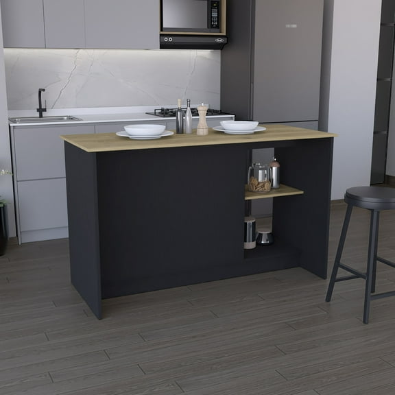 Large Countertop Kitchen Island In Black. Double Door Cabinet & Open Shelves For Pots And Pans. 24.78" D X 59" W 35.46" H. Solid Wood + . . Compliant. Compliant Black With Generous Counter Area.