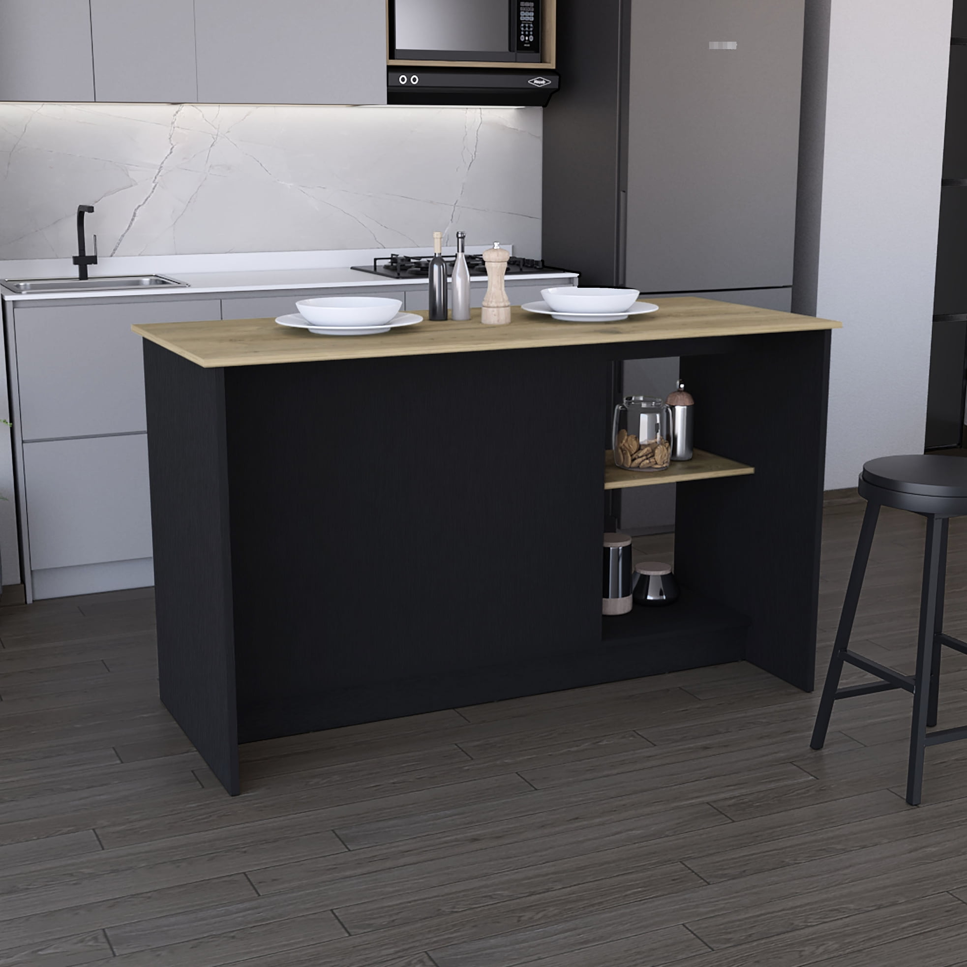 Large Countertop Kitchen Island In Black. Double Door Cabinet & Open Storage For Dishes. 25.08" Depth X 59" Width 35.78" Height. Solid Wood + . . Compliant. Compliant Black With Plentiful Surface.