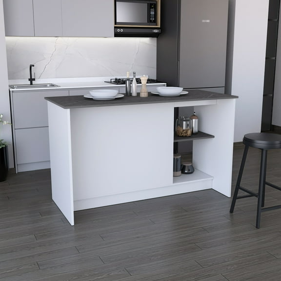 Large Countertop Kitchen Island In White, With Double Door Cabinet & Open Storage. Provides Extensive Workspace. Stores Pots, Pans, Dishes. 59" W X 25.12" D 34.91" H. Engineered Wood, Solid Wood + .