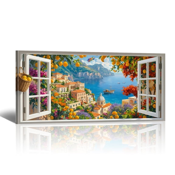 Large Country Canvas Wall Art - Open Window Seaside Town with Lemon Tree Canvas Prints, Oversized Landscape Paintings, Rustic Horizontal Artwork for Living Room