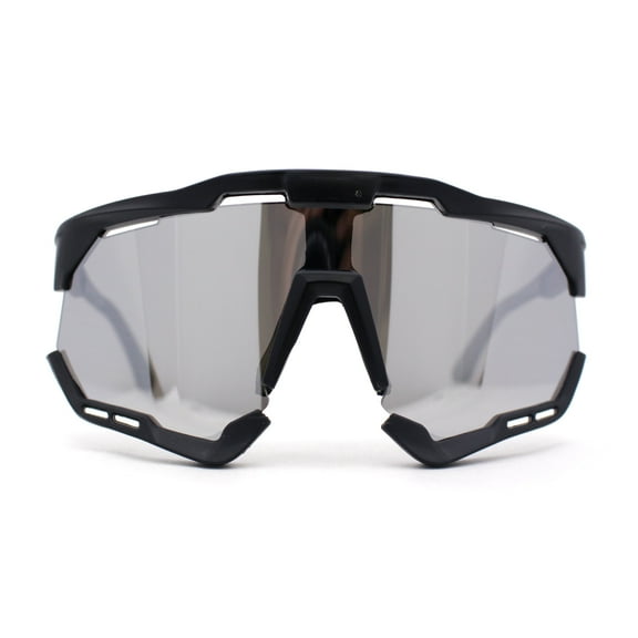 Large Coverage Mirror Lens Shield Curved Wrap Sport Sunglasses Black - Silver Mirror