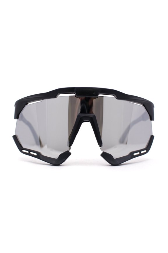 Large Coverage Mirror Lens Shield Curved Wrap Sport Sunglasses Black - Silver Mirror