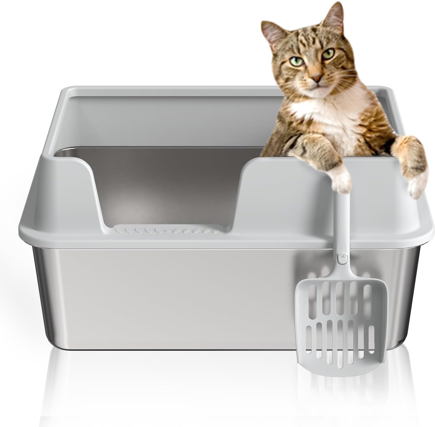 Large Covered Litter Box for Cats Metal Litter Pan Tray with High Wall