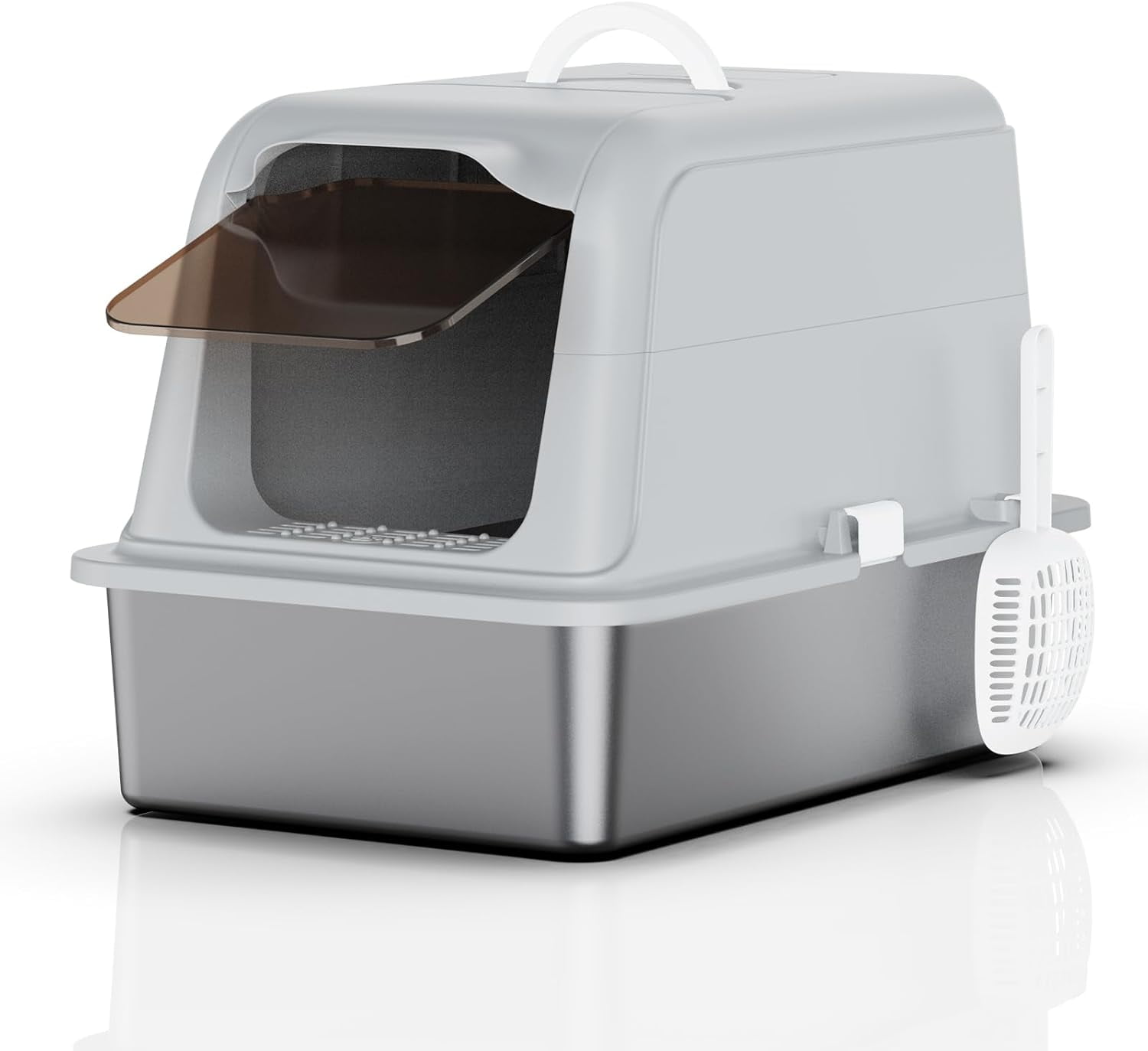 Large Covered Stainless Steel Cat Litter Box with Lid, Enclosed Metal