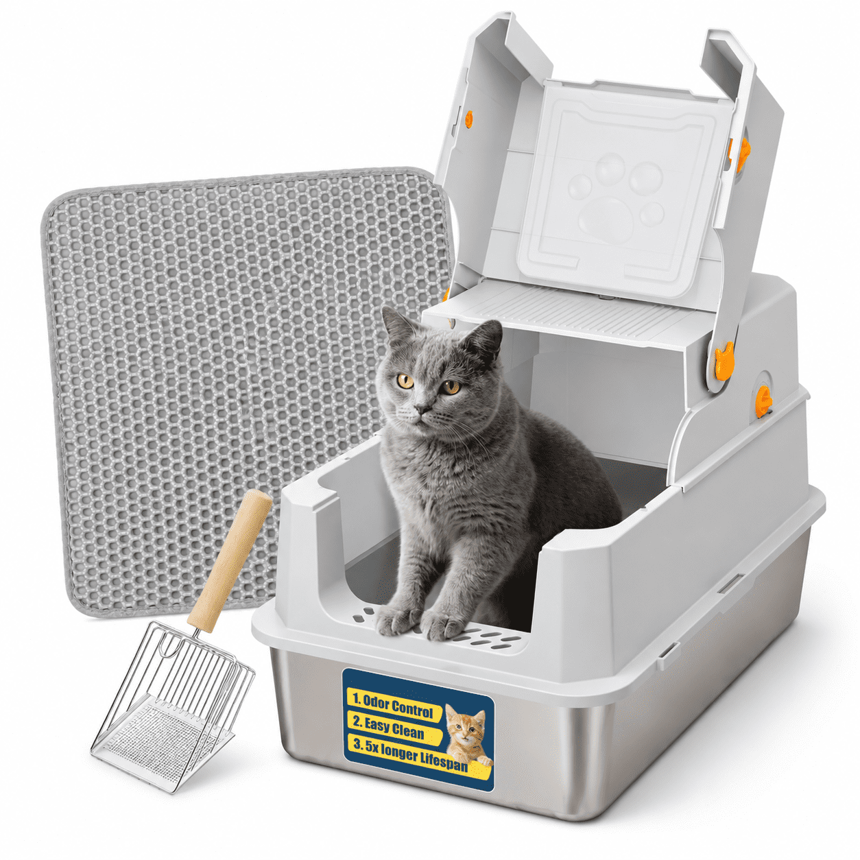 Large Cattery Large Covered Stainless Steel Cat Litter Box with Lid, Light Grey, for ...