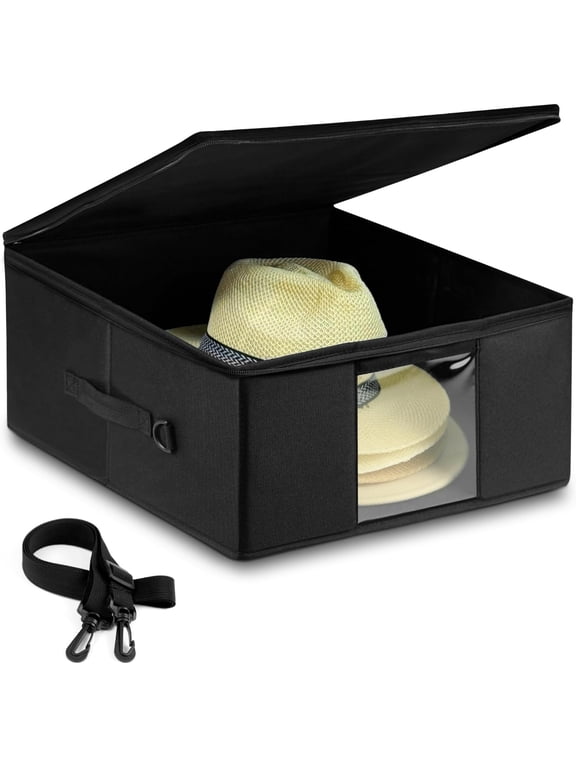 Large Cowboy Hat Storage Box, All Around Hardboard Support, Crush-Proof, Dust-Proof, Wide Brims Hat Travel Case with Shoulder Strap Carrying Handle and Trolley Sleeve, Black