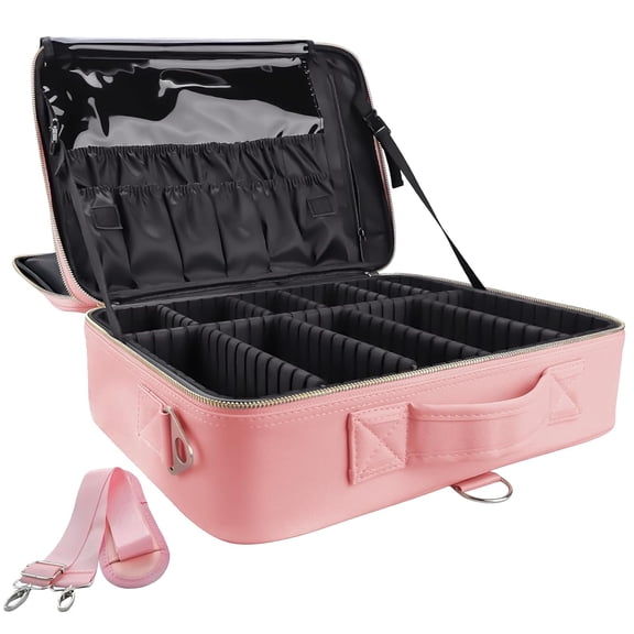 Large Criss Cross Pink Waterproof PU Leather Makeup Case with Adjustable Dividers and Shoulder Strap