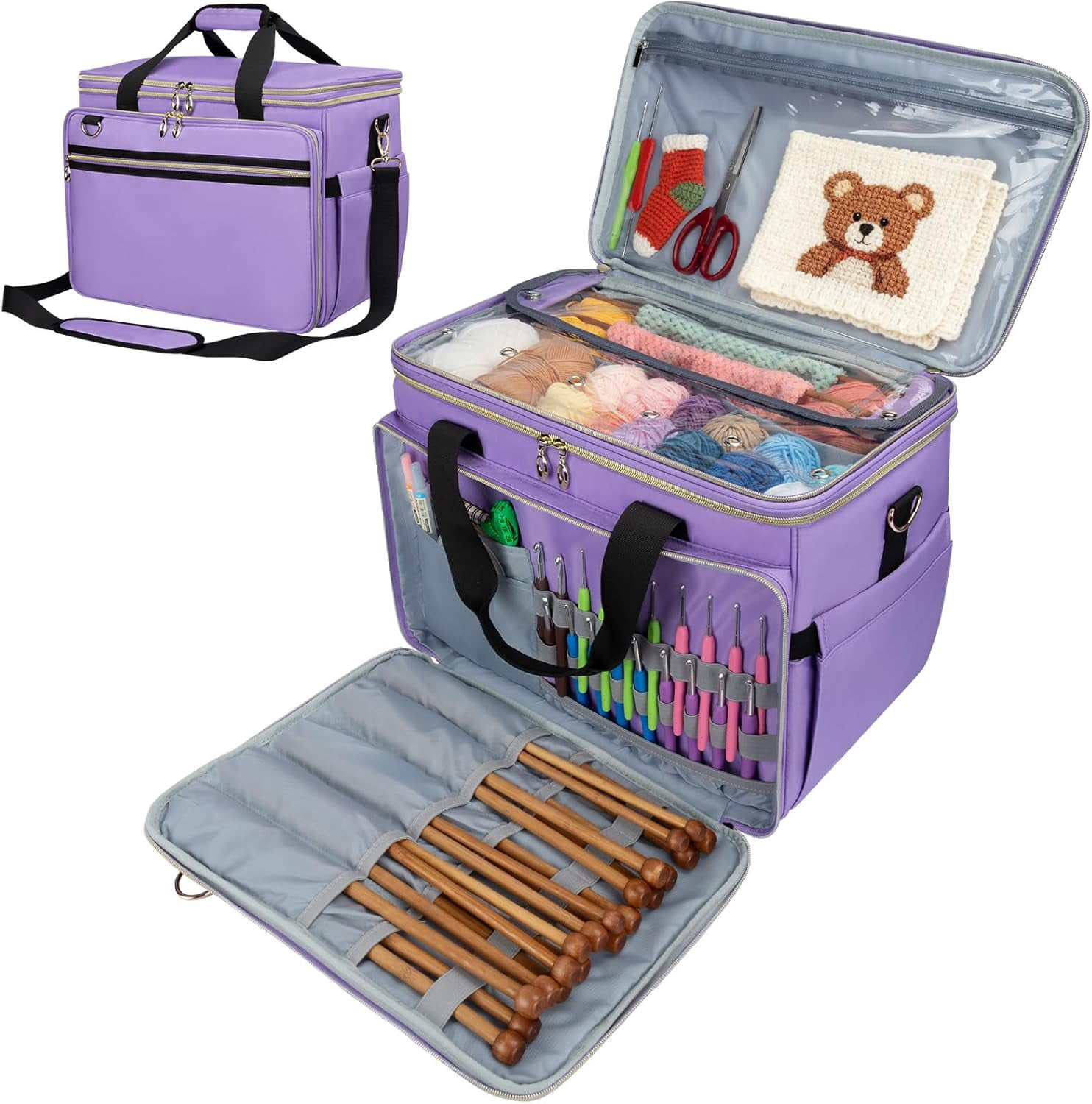 Large Crochet Bag with Clear Top Lid, Unfinished Project Compartment, Yarn Storage Tote with 6 Yarn Holes for Knitting Needles and Crochet Hooks, Purple
