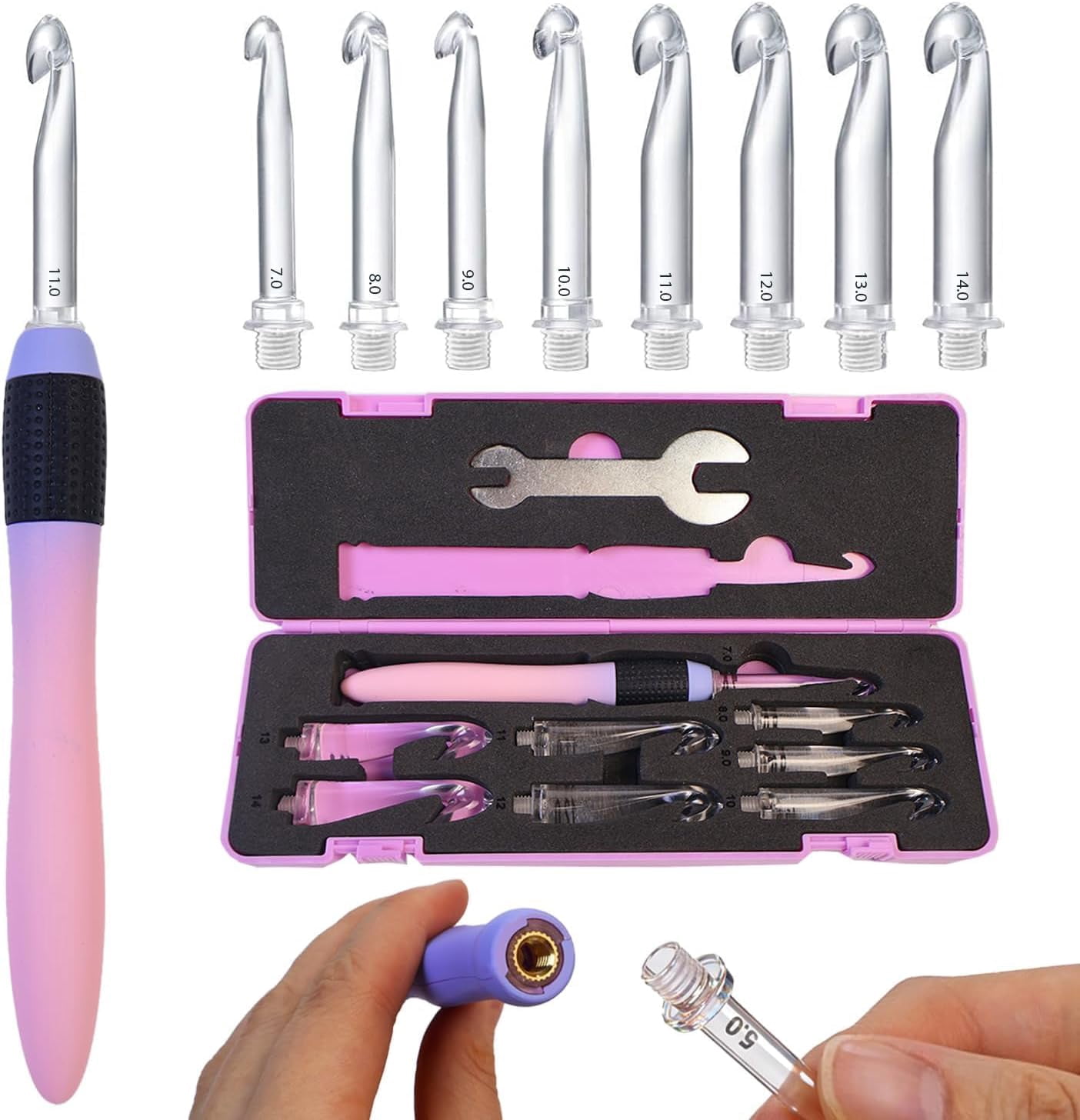 Large Crochet Hook Set with Ergonomic Grips 7.0~14mm, Interchangeable Head Gradient Screw-On Handle for Beginner