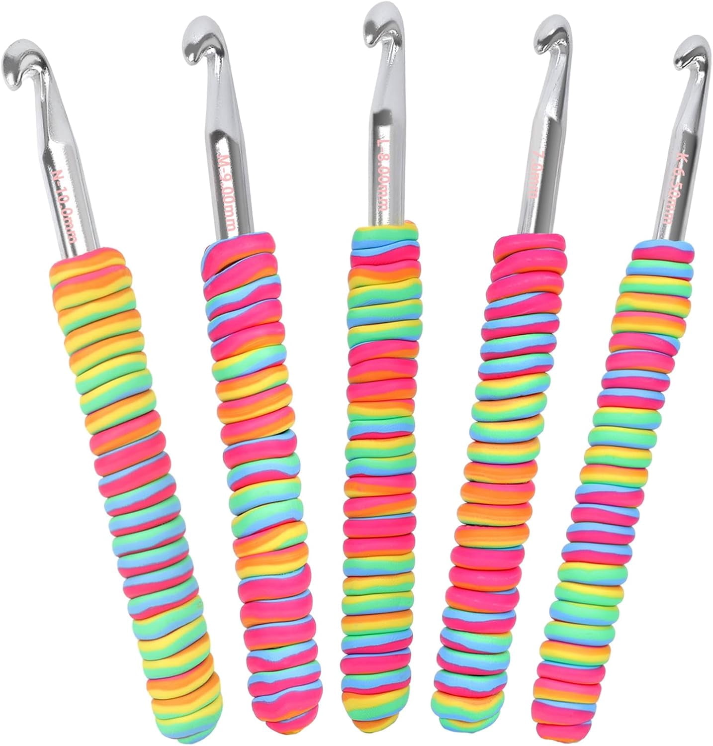 Large Crochet Hooks Set, Rainbow Non-Slip Spiral Grip, K/6.5mm, 7.0mm, L/8.0mm, M/9.0mm, N/10.0mm, Aluminum Crochet Needles for Blankets Scarves Sweaters, Crochet Hook for Beginners & Crafters