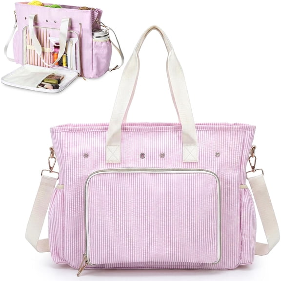 Large Crochet Yarn Storage Knitting Tote Bag 15 x 12 Inch Cotton Pink Stripe Crochet Hooks Knitting Accessories Organizer Holder with Zipper for Women DIY Lovers Gift