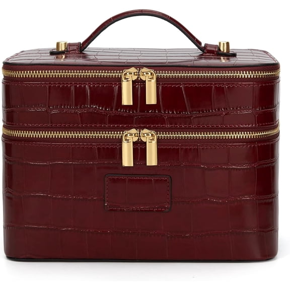 Large Crocodile-Texture Waterproof Makeup Bag with Removable Divider Burgundy