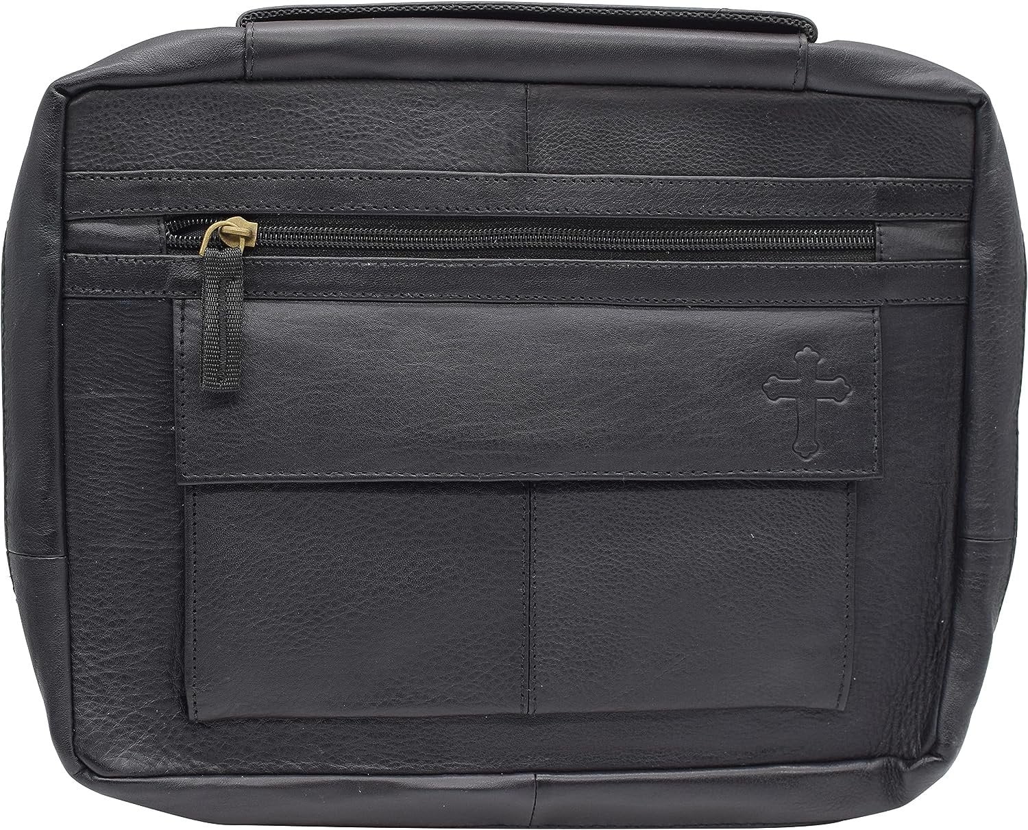 Large Cross Bible Book Cover Genuine Leather with Handle Cross Black