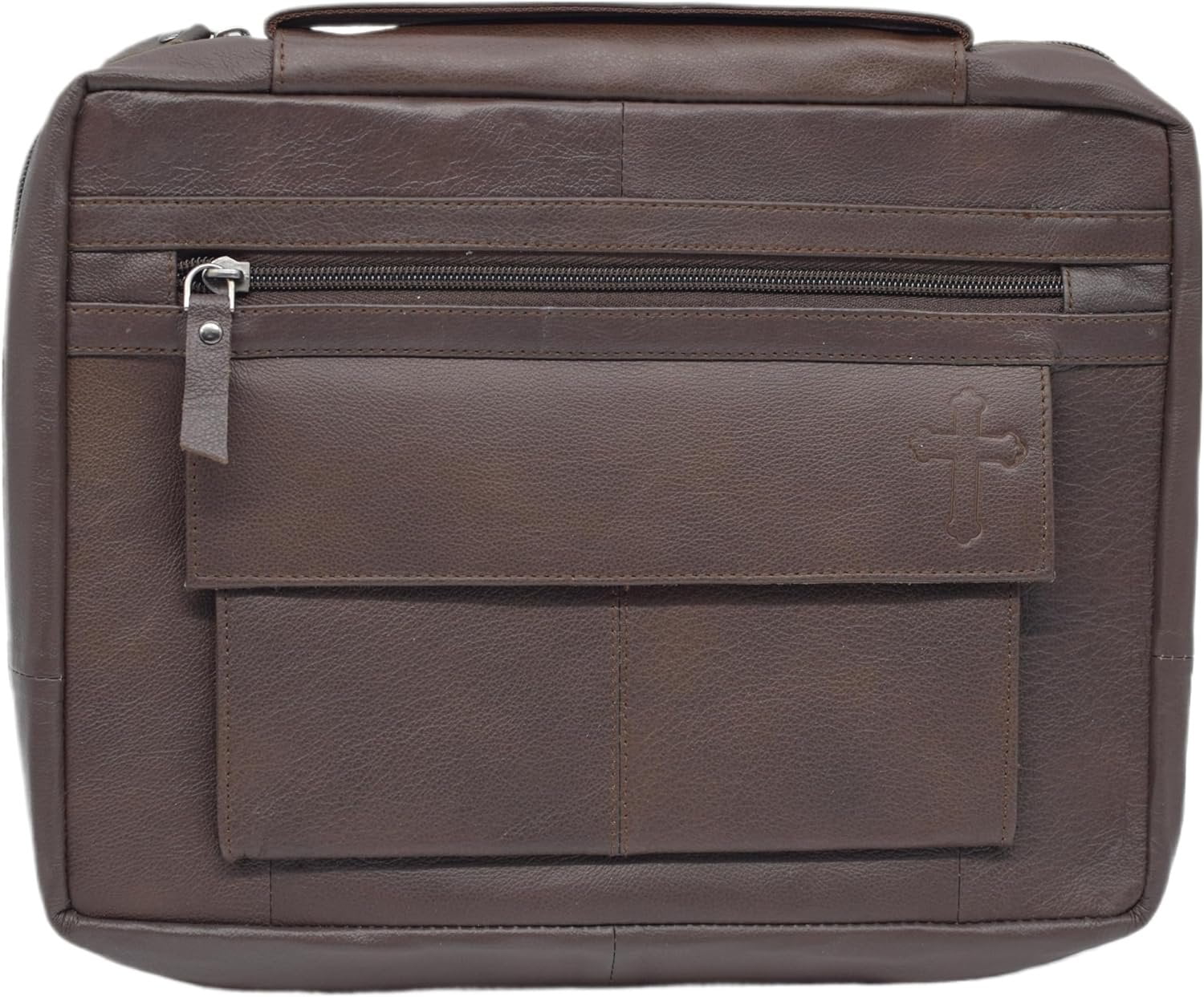 Large Cross Bible Book Cover Genuine Leather with Handle Cross Brown