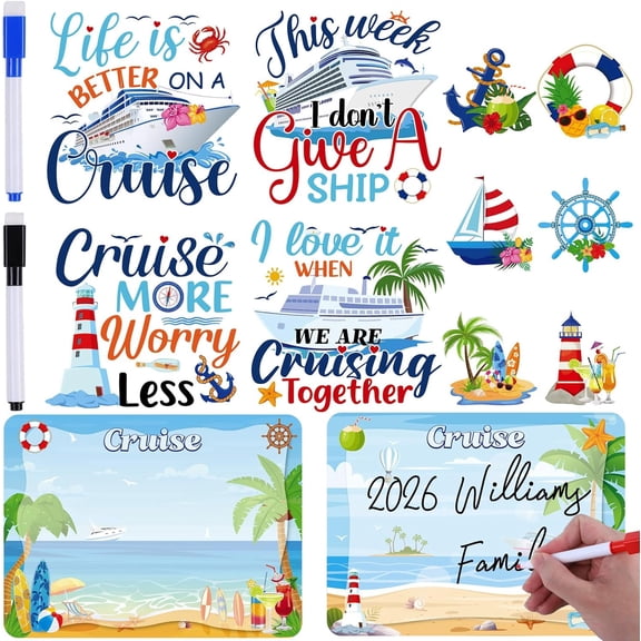 Large Cruise Door Decorations Magnetic - 12PCS Summer Beach Vacation Cruise Door Magnets with 3 Pens Funny Sea Navigation Cruise Ship Door Decoration Stickers for Carnival Cabin Stateroom