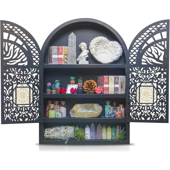 Large Crystal Display Wall Shelf, Crescent Moon Phase Wooden Arch Shelf Tree of Life Organizer for Gem Stone Spiritual Home Decor