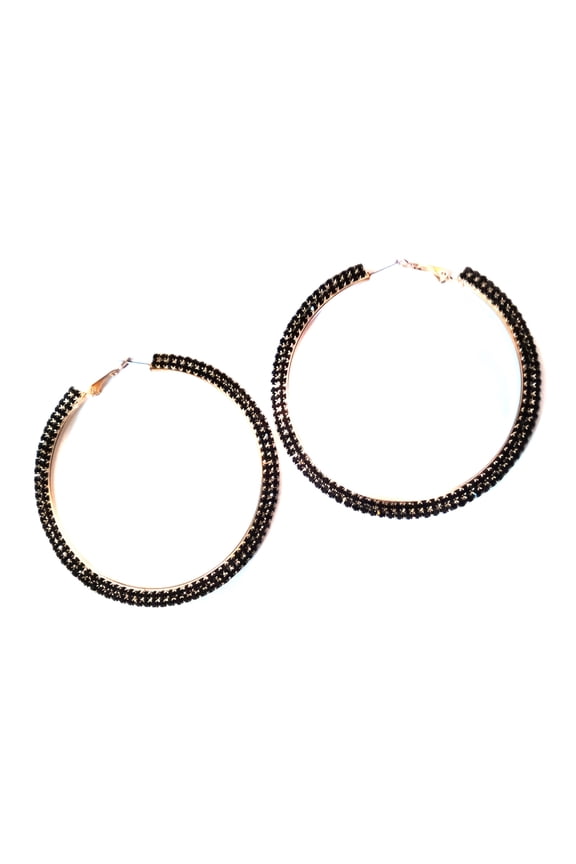 Large Crystal Double Paved Black Rhinestone Hoop Earrings Gold Tone 3 inch