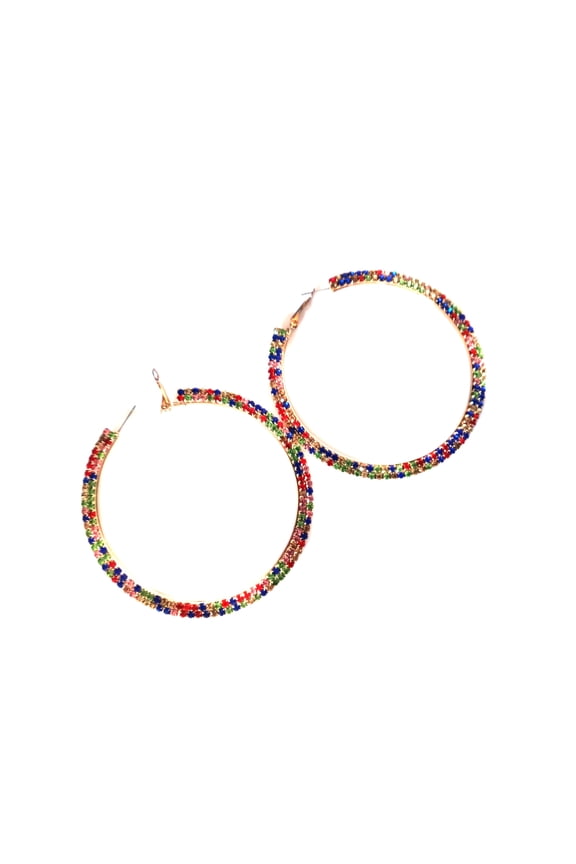 Large Crystal Double Paved Multi Color Rhinestone Hoop Earrings Gold Tone 3 inch