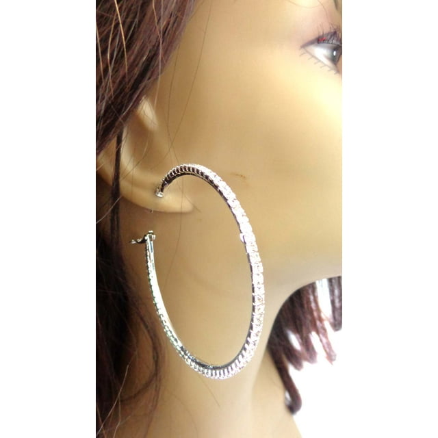 Large Crystal Hoop Earrings 2 75 inch Silver Rhodium Plated Rhinestone