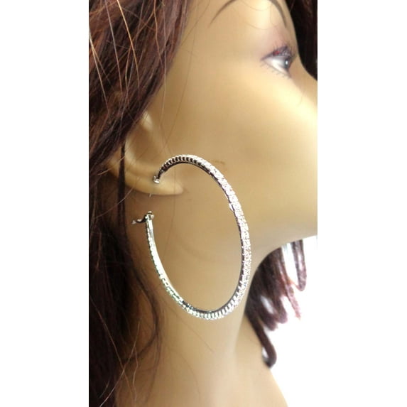 Large Crystal Hoop Earrings 2.75 inch Silver Rhodium Plated Rhinestone Hoops