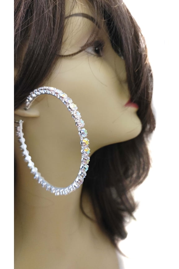Large Crystal Hoop Earrings 3.5 inch Color Rhinestone Silver Hoops