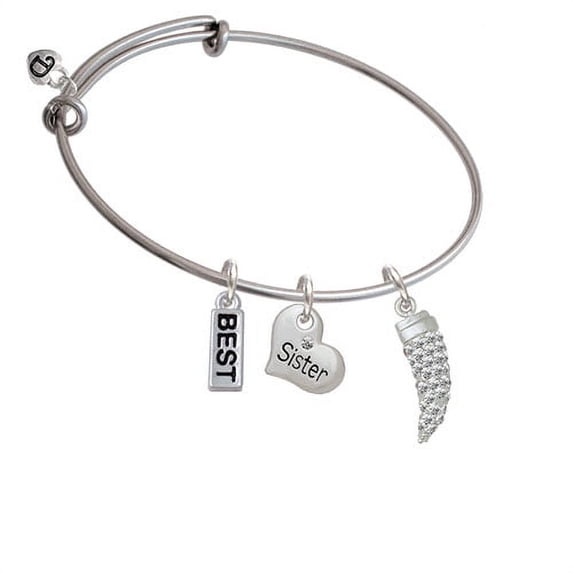 Large Crystal Sabre Tooth Sister Heart Expandable Bangle Bracelet