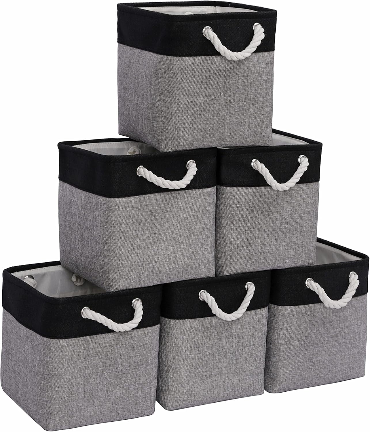 Large Cube Storage Baskets (10.5 × 10.5 × 11 inches), Canvas Fabric Collapsible Storage Boxes with Cotton Handles for Closet, Shelves, Clothes, Toys, Towel (Black&Grey-6Pack)