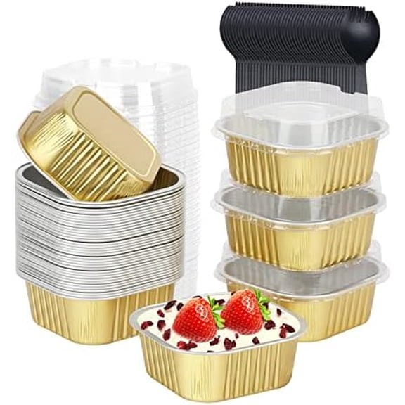 Large Cupcake Liners Aluminum Pans With Lids 40 Pack, Square 10oz Small Cake Muffin Tin,Disposable Ramekins Baking Pan Containers For Brownie Mini Cake Bread Dessert-Gold
