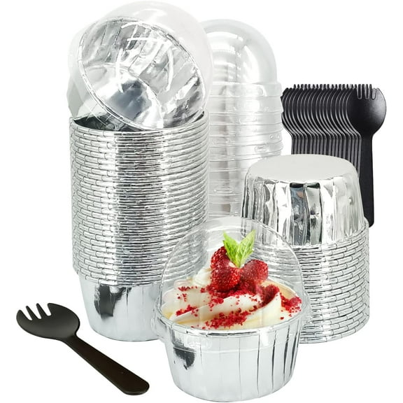 Large Cupcake Liners Baking Cups 50 Pack, 5oz Foil Muffin Cups Muffin Tins,Disposable Ramekins Tins with Lids and Spoons,Cupcake Wrappers Holders for Wedding Bakery